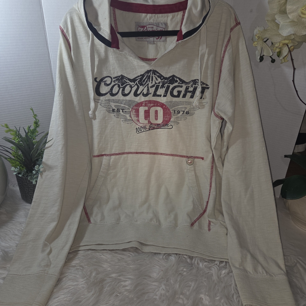 VTG Coors Light Premium 51 Red Thread Cream Hoodie Men, Size L